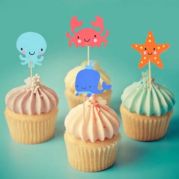 24 τμχ Ocean Animal Cupcake Toppers Under the Sea Party Cake Flags Boy Baby Shower Γοργόνα Διακοσμήσεις τούρτας γενεθλίων