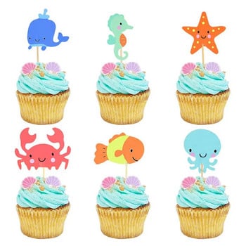 24 τμχ Ocean Animal Cupcake Toppers Under the Sea Party Cake Flags Boy Baby Shower Γοργόνα Διακοσμήσεις τούρτας γενεθλίων