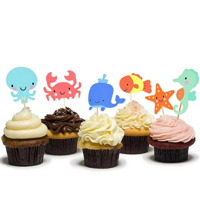 24 tk Ocean Animal Cupcake Toppers Mere all Peo Kook Lipud Poiss Baby Shower Merineitsi teema Sünnipäevapeo koogi kaunistused