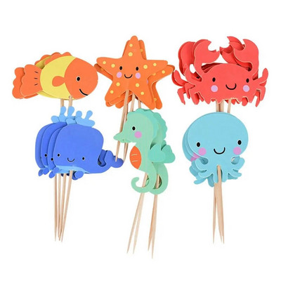 24 tk Ocean Animal Cupcake Toppers Mere all Peo Kook Lipud Poiss Baby Shower Merineitsi teema Sünnipäevapeo koogi kaunistused