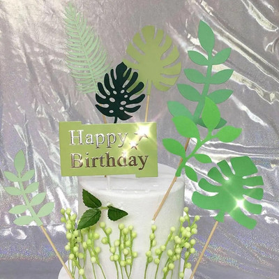 Decoratiuni pentru tort cu frunze de culoare verde proaspătă, decorațiuni amuzante pentru cupcake, frunze de palmier, pentru ziua de naștere