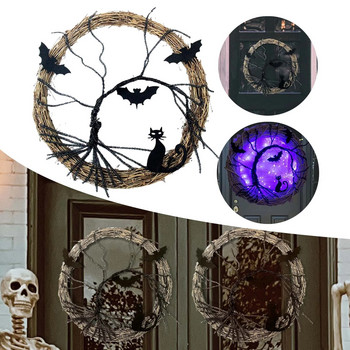 Венец за Хелоуин Светещи Аксесоари Орнаменти Черен прилеп Котка Призрачен парти венец със светещ гирлянд за стената на входната врата