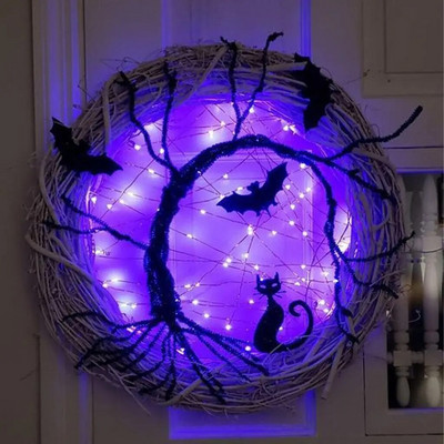 Halloween Wreath Light up Accessorie Ornaments Black Bat Cat Spooky Party Wreath with Light Glowing Garland for Front Door Wall