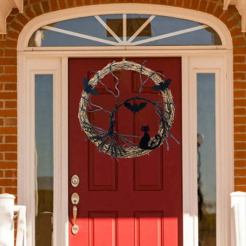 Vijenac za Noć vještica Svjetleći ukrasi za dodatke Crni šišmiš Mačka Sablasni vijenac za zabavu sa svjetlećim vijencem za zid prednjih vrata