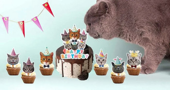 Нова анимационна котка Честит рожден ден Cupcake Topper Set Baby Cat Birthday Cake Topper for Wedding Birthday Cake Decorations