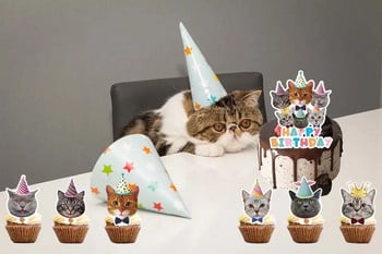 Нова анимационна котка Честит рожден ден Cupcake Topper Set Baby Cat Birthday Cake Topper for Wedding Birthday Cake Decorations