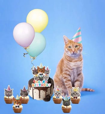 Нова анимационна котка Честит рожден ден Cupcake Topper Set Baby Cat Birthday Cake Topper for Wedding Birthday Cake Decorations