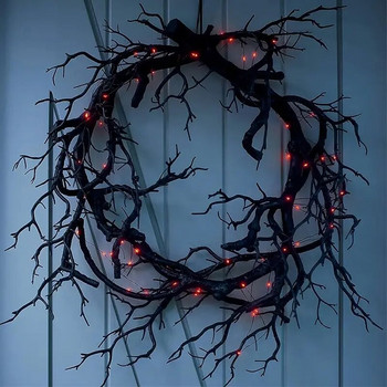 Симулация на венец от мъртва дървесина за Хелоуин Черен клон с червена LED светлина 43CM Венци за врати Цветен гирлянд Декорация за Хелоуин