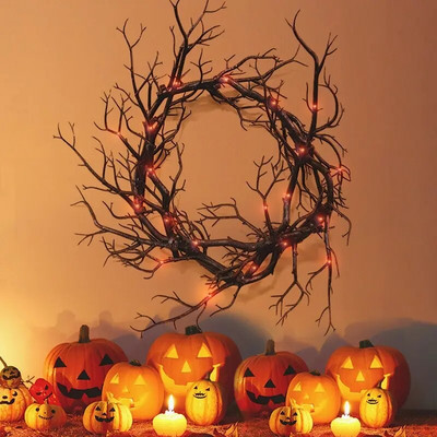 Halloweeni surnud puupärja simulatsiooni must oks punase LED-valgusega 43 cm pärjad uste jaoks lillepärja Halloweeni kaunistuseks