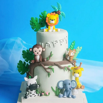 Ζούγκλα Διακοσμήσεις κέικ με ζώα Woodland Animal Lion Monkey Elephant Zebra Giraffe Cake Topper Wild Kids Birthday Party Decor