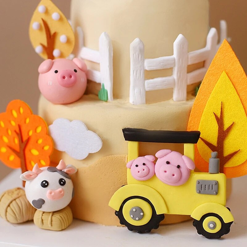 Toppers pentru tort, animale de fermă de desene animate, tractor, oaie, cai, magazie, pui, ornament pentru băiat, fată