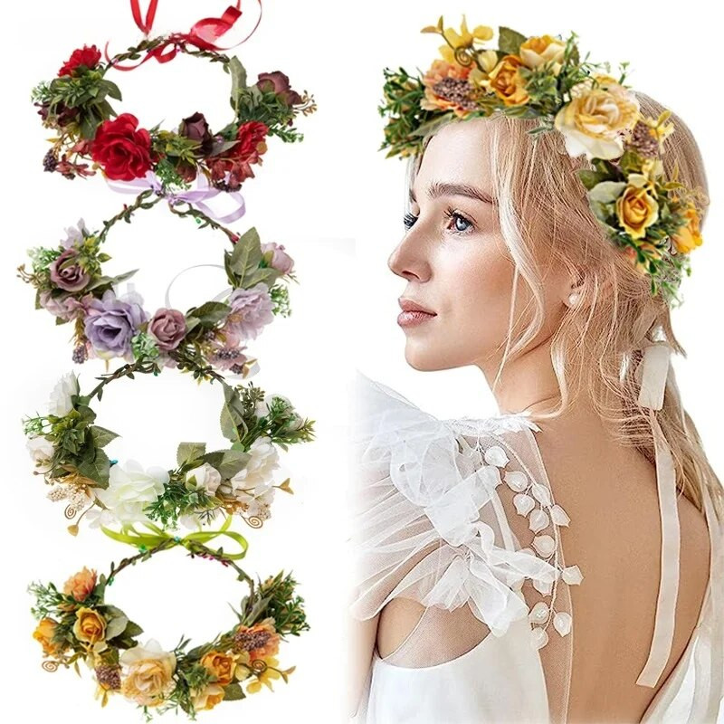 Ziedu galvas saite Galvas rozes Garland Hair Band Crown Boho auduma vainags Foto rekvizīti Festivāls Kāzu matu aksesuāri