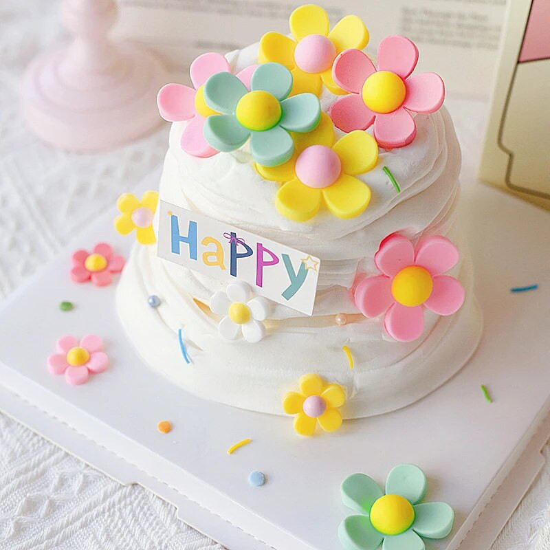 12 бр. Цветна 3D маргаритка Торта за торта за парти за рожден ден Деца Бебе момиче Принцеса Сувенири Цвете Декорация на торта за рожден ден Десерт Декор