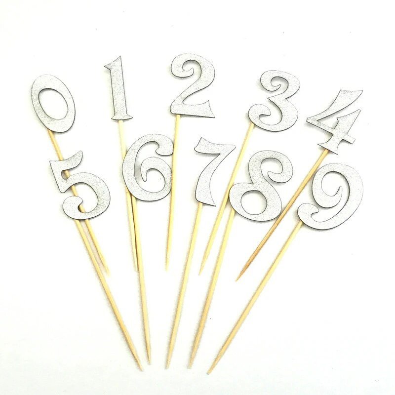 10 bucăți/set 0-9 numere aurii, argintii, cu sclipici, kit de decorare pentru steag pentru tort, pentru nunta, copii, pentru ziua de naștere, pentru decorare pentru petrecere.