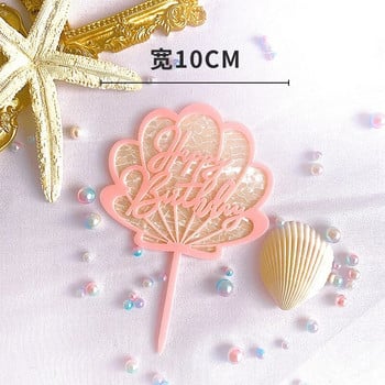 Ocean Theme Ακρυλικό Happy Birthday Cake Topper Gold Shell Birthday Cupcake Toppers Flags for Baby Birthday Party Cake Decoration