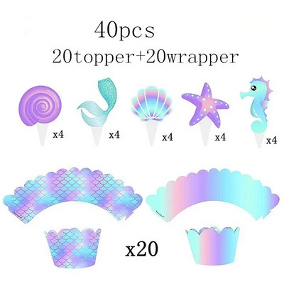 Birthday Party Cupcake Toppers Wrappers Let`s Be Mermaids Baby Shower Προμήθειες για πάρτι γενεθλίων Διακοσμήσεις τούρτας