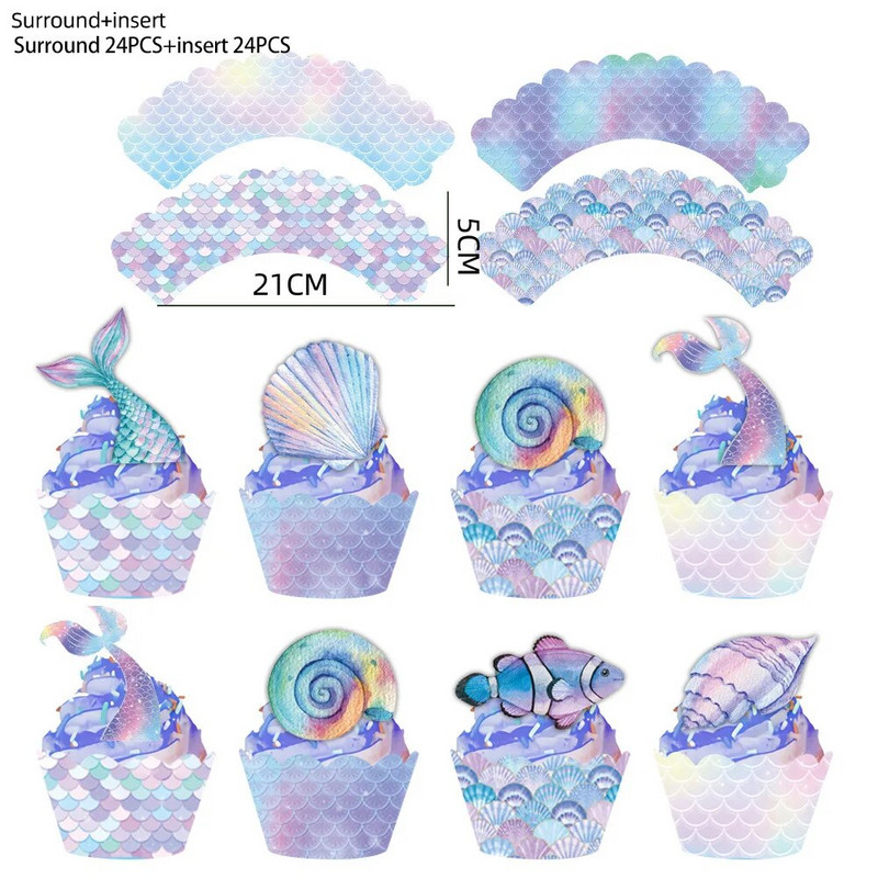 Ozdoby na muffiny na narodeninovú oslavu, obaly na muffiny, buďme morské panny, potreby na narodeninovú oslavu pre bábätko, ozdoby na torty