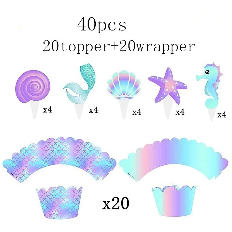 Ozdoby na muffiny na narodeninovú oslavu, obaly na muffiny, buďme morské panny, potreby na narodeninovú oslavu pre bábätko, ozdoby na torty