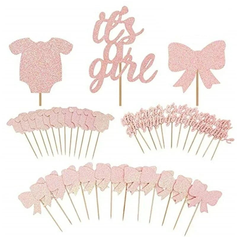 12 bucăți Toppers pentru cupcake, roz Its A Girl, pentru decorațiuni pentru tort pentru baby shower, pentru revelația de gen, pentru fete, 1-a aniversare, pentru petrecerea de nuntă