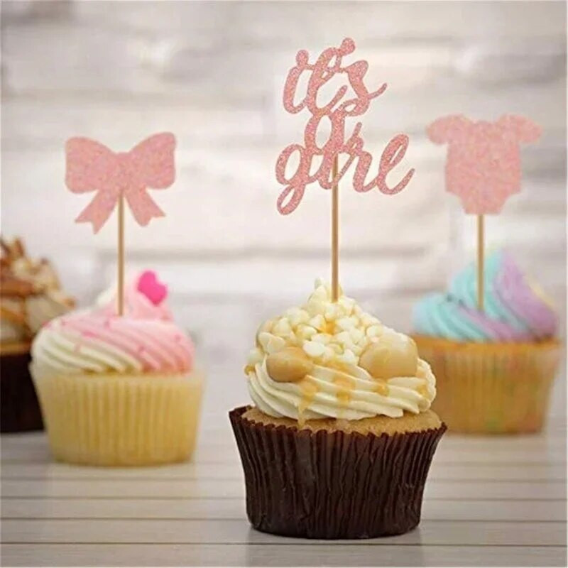 12 bucăți Toppers pentru cupcake, roz Its A Girl, pentru decorațiuni pentru tort pentru baby shower, pentru revelația de gen, pentru fete, 1-a aniversare, pentru petrecerea de nuntă
