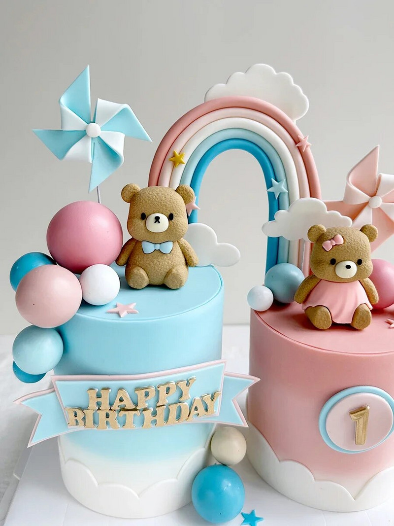 Dekorácia na narodeninovú tortu pre chlapca a dievčatko, gumená roztomilá soška medvedíka, ozdoby na tortu s guľou, dekorácia na tortu pre prvé narodeniny, detská sprcha