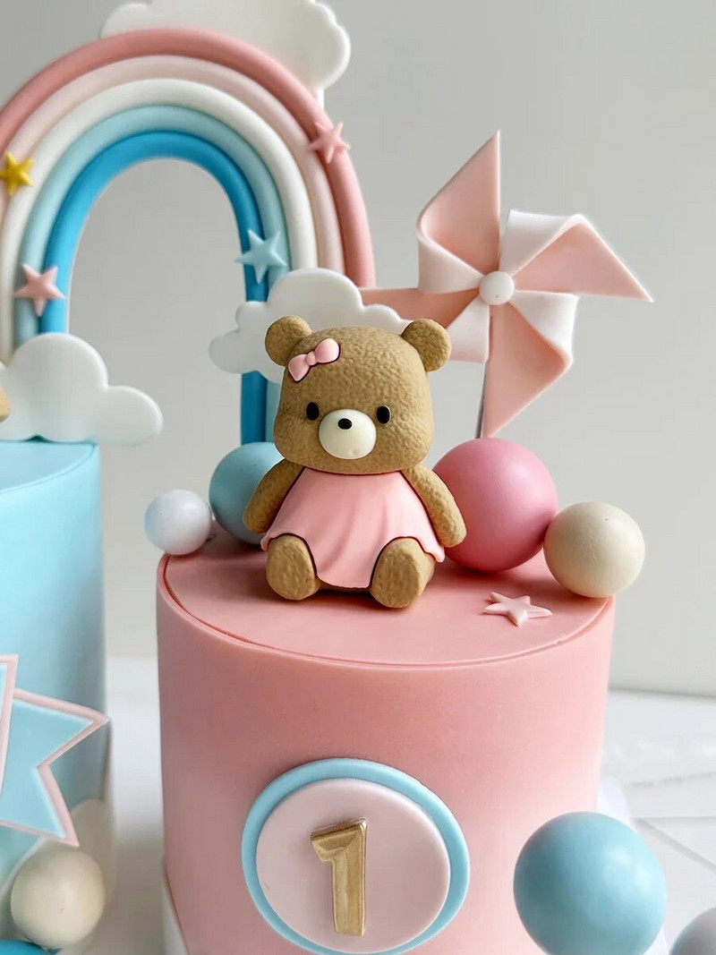Dekorácia na narodeninovú tortu pre chlapca a dievčatko, gumená roztomilá soška medvedíka, ozdoby na tortu s guľou, dekorácia na tortu pre prvé narodeniny, detská sprcha