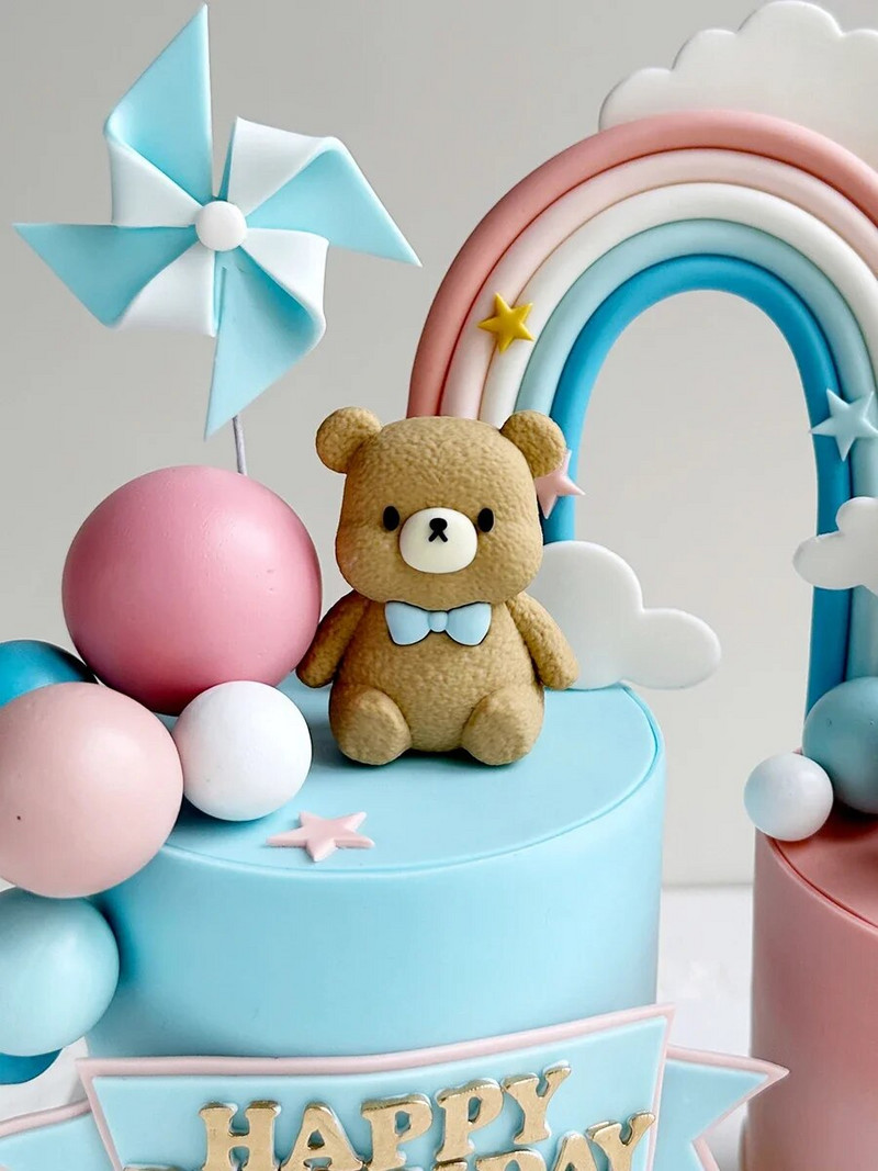 Dekorácia na narodeninovú tortu pre chlapca a dievčatko, gumená roztomilá soška medvedíka, ozdoby na tortu s guľou, dekorácia na tortu pre prvé narodeniny, detská sprcha