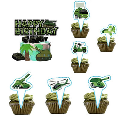 Army Green Camouflage Cake Topper For Military Theme Party Decorations Boy Birthday Party Supplies Camo Tank Cupcake Topper