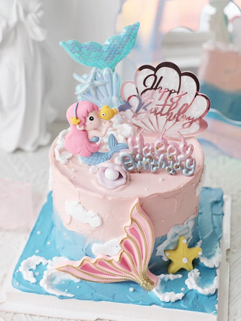 Русалка Декорации Светът на океана Момиче Торта за торта Десерт за рожден ден Рибена опашка Акрил за детски принадлежности за рожден ден Подарък