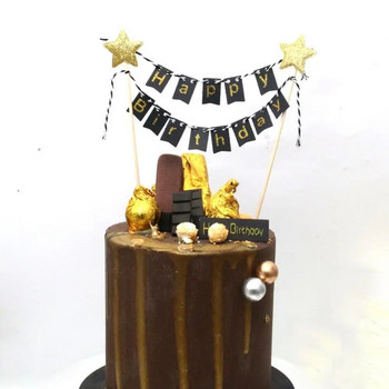 Честит рожден ден Знамена за торта Направи си сам Златни звезди Бантинг Банер Деца Възрастни Декорация за печене Baby Shower Парти консумативи