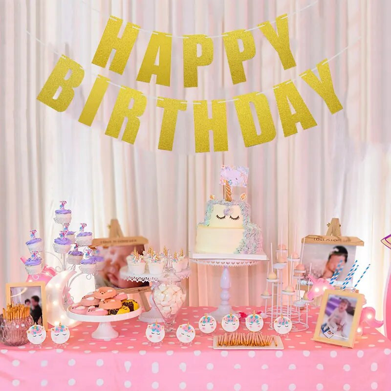 Auksinė/sidabro/rožinė/juoda 10 spalvų Su gimtadieniu Reklaminė vėliavėlė Pakabinama ant sienos Vaikų gimtadienio vakarėliui Popierius girlianda Kūdikių dušo dekoras