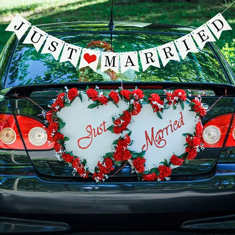 Banner pentru nuntă, alb, tocmai căsătorit, Ghirlandă de hârtie vintage pentru nuntă, duș nupțial, eveniment, banner pentru petrecere, consumabile de decorare