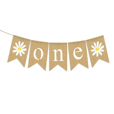 1 ΤΕΜ. Baby Shower Jute Daisy ONE Garland First Girl Birthday White Flower Banner 1ST Party Linlap Flag Decoration