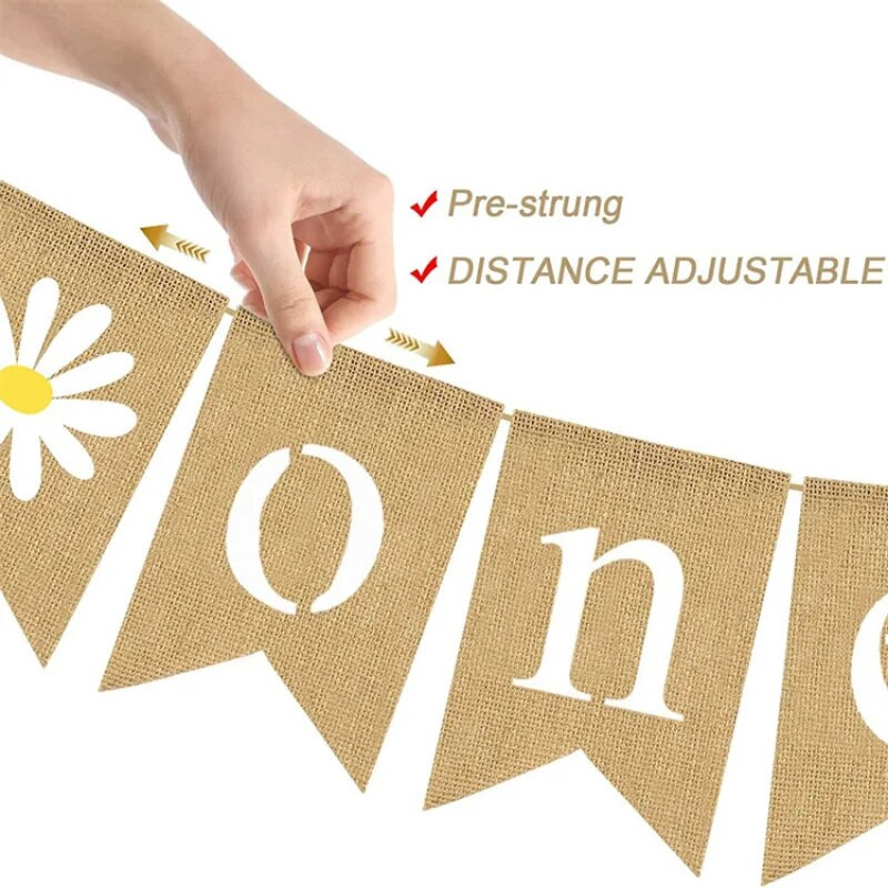 1 ks jutový sedmokráska girlanda na prvé narodeniny dievčatka s bielym kvetom, detská stolička, banner na 1. párty, vlajka z pytloviny, dekorácia