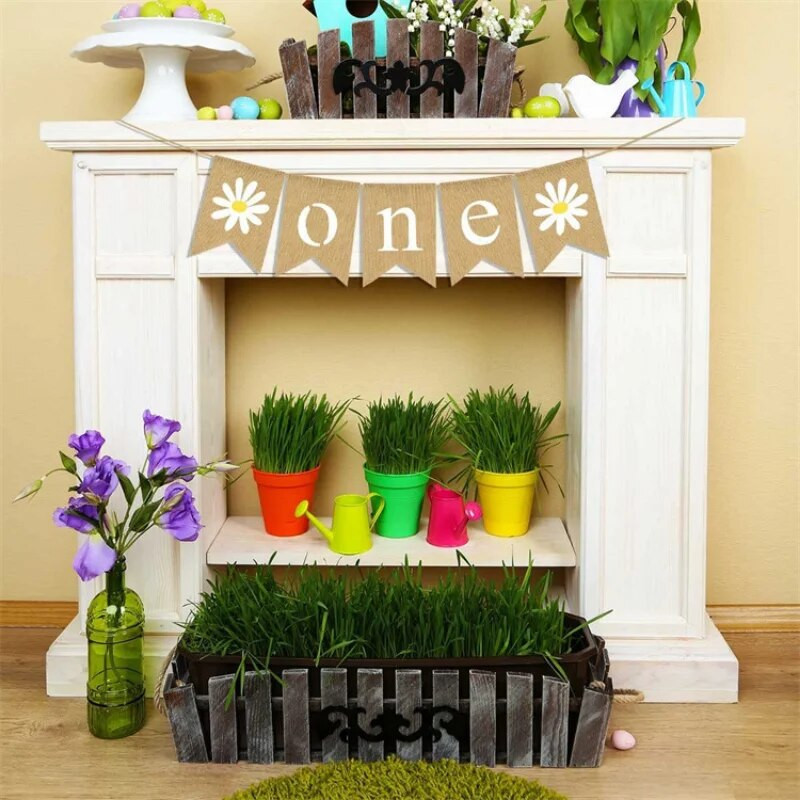 1 ks jutový sedmokráska girlanda na prvé narodeniny dievčatka s bielym kvetom, detská stolička, banner na 1. párty, vlajka z pytloviny, dekorácia