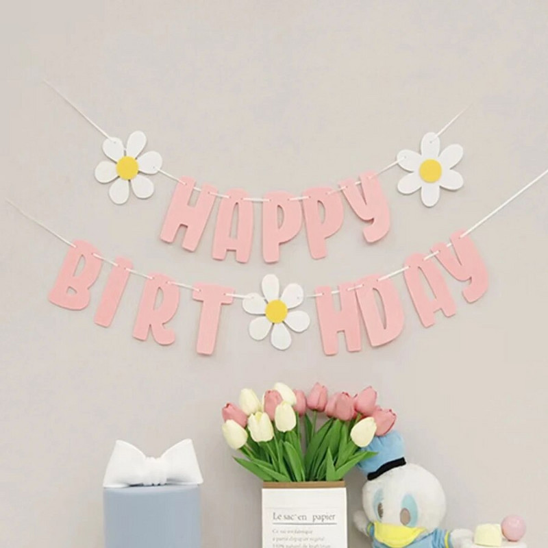 Знаме за рожден ден Little Daisy Декорация за парти за първия рожден ден на бебето Подпори Филцово парти оформление Розов банер