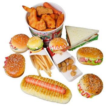 Симулационен модел на пържено пиле, реквизит за снимки на храна, изкуствен хамбургер, фалшива торта с пържени картофи, декорация на магазин за бързо хранене
