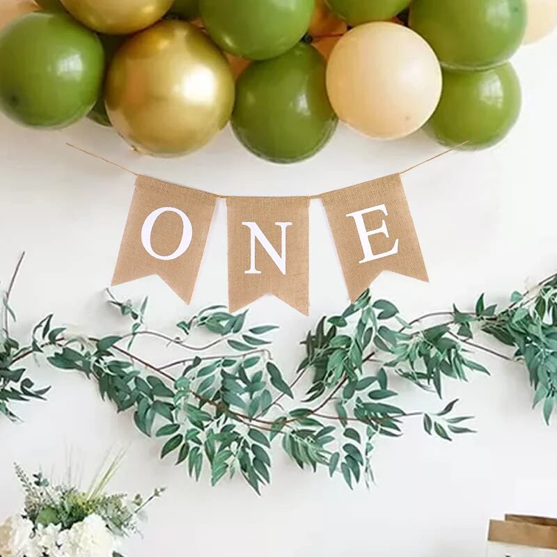 Baba első születésnapi széke Banner Zsákvászon ONE Garland Fiú Lány Egyéves Születésnapi Party dekoráció Kedvezmények Fotó Kellékek Kellékek