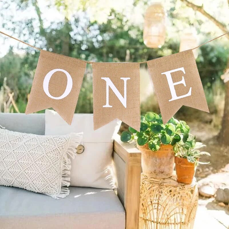 Baba első születésnapi széke Banner Zsákvászon ONE Garland Fiú Lány Egyéves Születésnapi Party dekoráció Kedvezmények Fotó Kellékek Kellékek