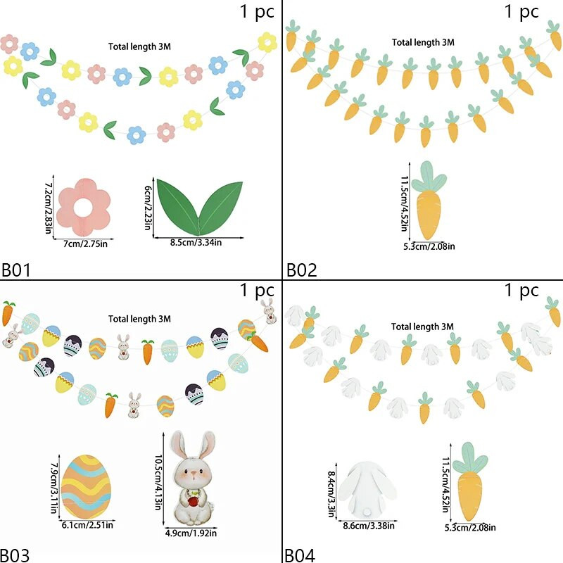 3M Velykų zuikis Kiaušinis Morkų Popierinės reklamjuostės Kabantys Vėliavos Ornamentas 2024 m. Velykų papuošimai namų vaikams Dovanų reikmenys