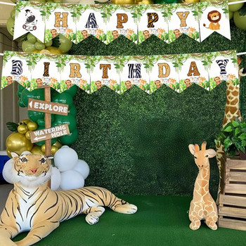 Горско животно Банер за рожден ден Jungle Safari Kids One 1st Birthday Banner Monekey Giraffe Happy Birthday Party Decor HangingFlags