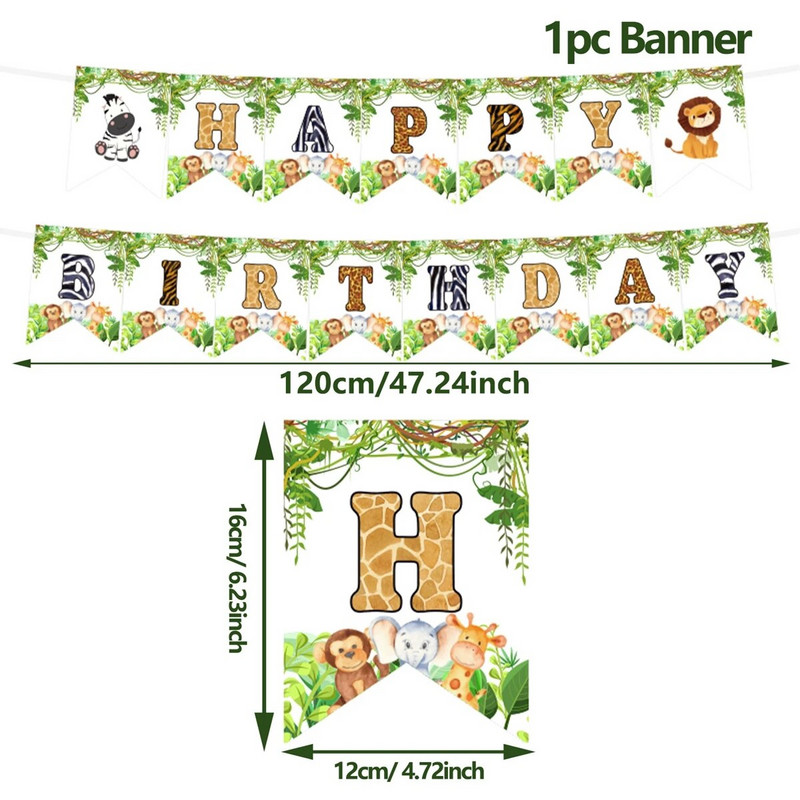 Banner pentru ziua de naștere cu animale din pădure, junglă, safari, pentru copii, banner pentru prima zi de naștere, girafă, bani, decor petrecere, steaguri suspendate