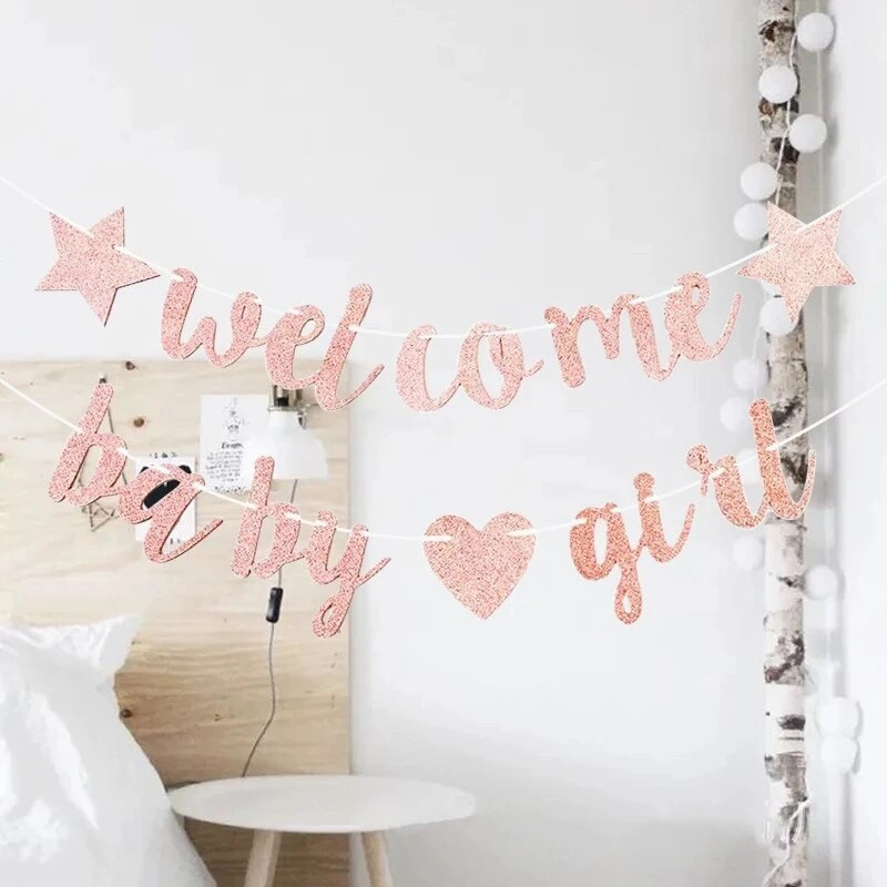 Kūdikių dušo dekoravimo reklamjuostė Rožinė Mėlyna Spalva Sveikiname Kūdikį Mergaitę Berniuką Lytis Atskleidžia Blizgesį Girliandos Vakarėlio puošmena