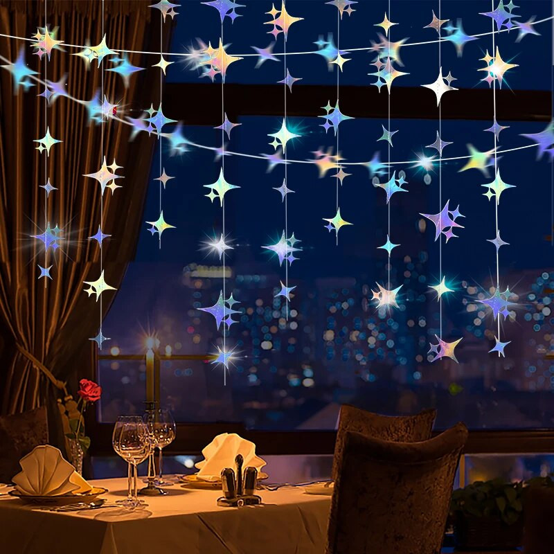 Ghirlanda de hârtie cu stea cu laser Banner fulger Steaguri rotunde agățate La mulți ani, decorare pentru petrecerea de nuntă, pentru copii, pentru baby shower, bricolaj