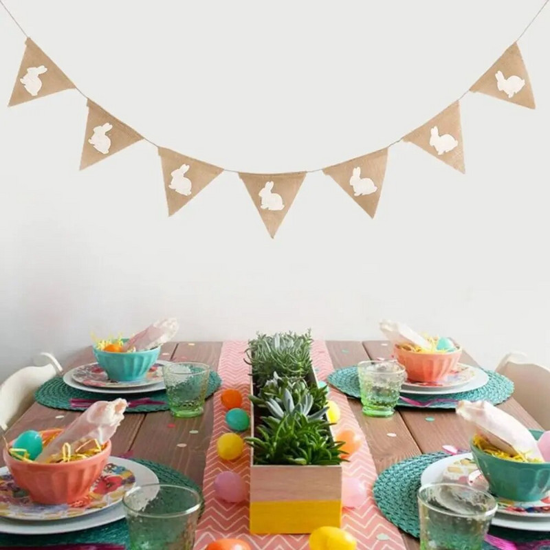 Nauja 2M 7 vėliavėlės Vintažinė audeklas Lininė ryšulėlis Vėliavos Vėliavos Linksmų Velykų papuošimams Kiškio vakarėlio girliandos papuošimo saldainiai