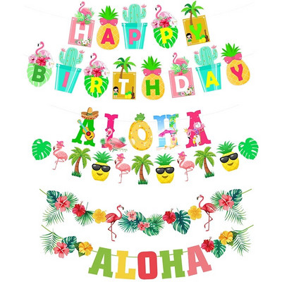 Nyári Hawaii ALOHA Boldog születésnapot Banner Flamingo Hawaii Tropical Party Dekorációk Ünnepi buli Luau Aloha party kellékek