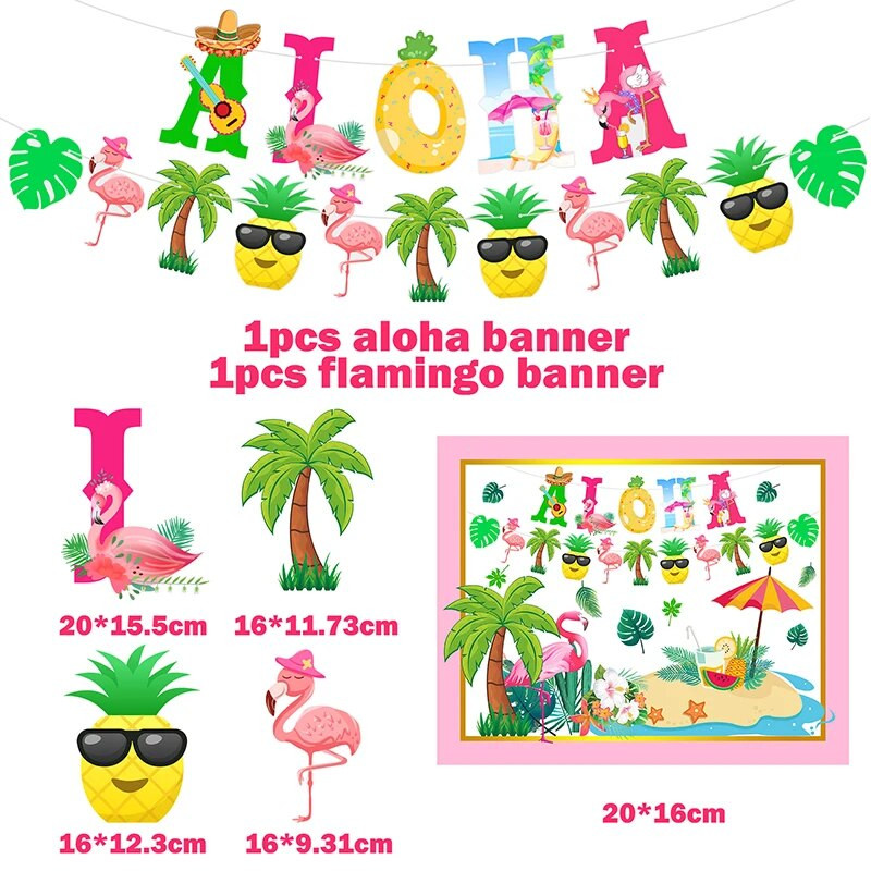 Vasaros Havajai ALOHA su gimtadieniu reklamjuostė Flamingo Havajų atogrąžų vakarėlio dekoracijos Šventinis vakarėlis Luau Aloha vakarėlio reikmenys