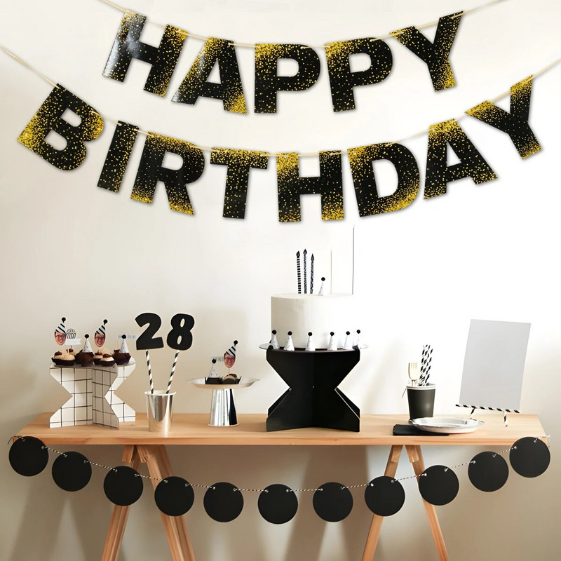 Juodasis auksas Su gimtadieniu Reklamjuostės Laiškas Popierius Girliandos Vėliavos Gimtadienio dekoracijos Suaugusiesiems Vaikams Kūdikių dušo reikmenys