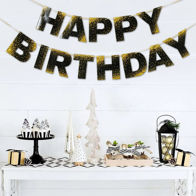 Juodasis auksas Su gimtadieniu Reklamjuostės Laiškas Popierius Girliandos Vėliavos Gimtadienio dekoracijos Suaugusiesiems Vaikams Kūdikių dušo reikmenys