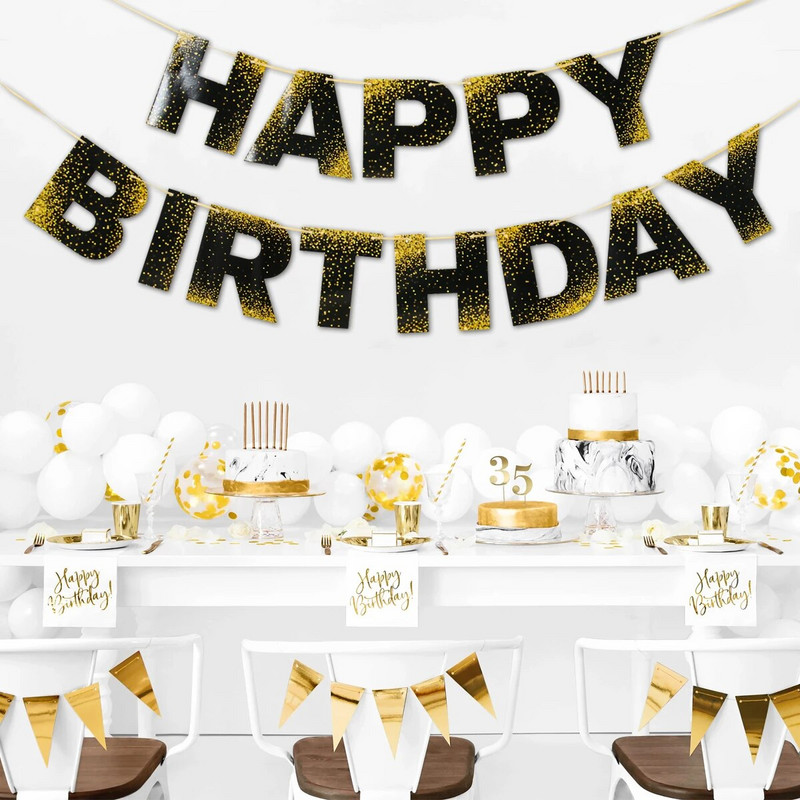 Juodasis auksas Su gimtadieniu Reklamjuostės Laiškas Popierius Girliandos Vėliavos Gimtadienio dekoracijos Suaugusiesiems Vaikams Kūdikių dušo reikmenys